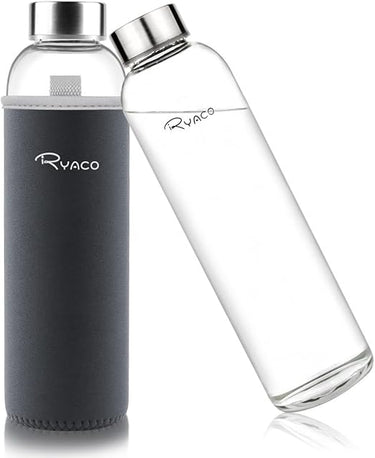 Ryaco Botella de Vidrio 550 ml/750 ml/1000 ml/1L, Botella de Vidrio de Borosilicato con Cubierta Protectora para Bebidas Frías y Calientes, sin BPA,Botella de Vidrio para Beber con Cepillo de Esponja
